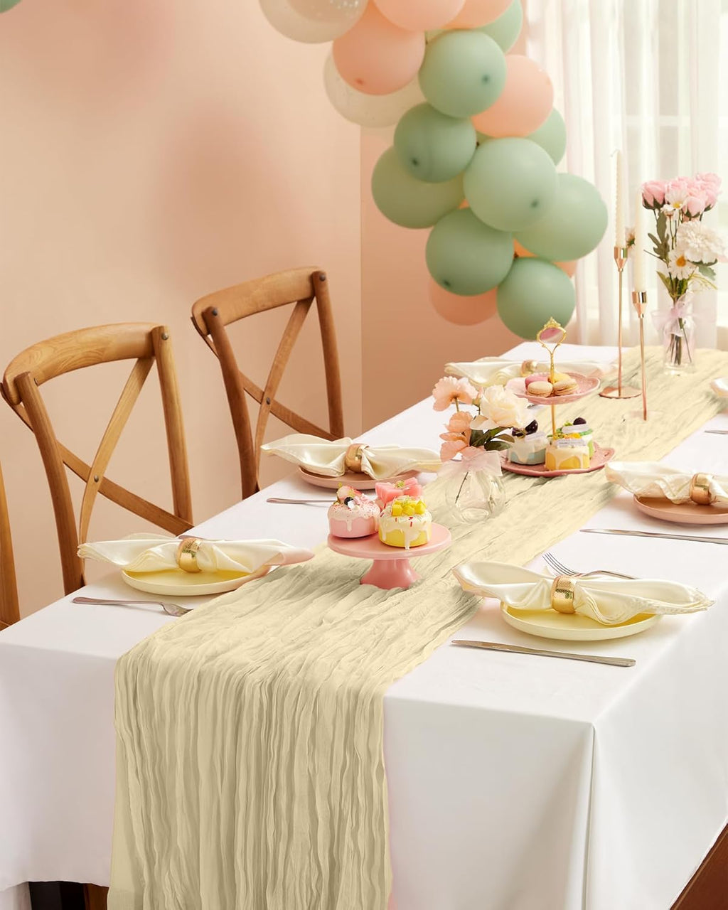 Pureegg 2 Pack Cheesecloth Table Runner 120 Inch Beige