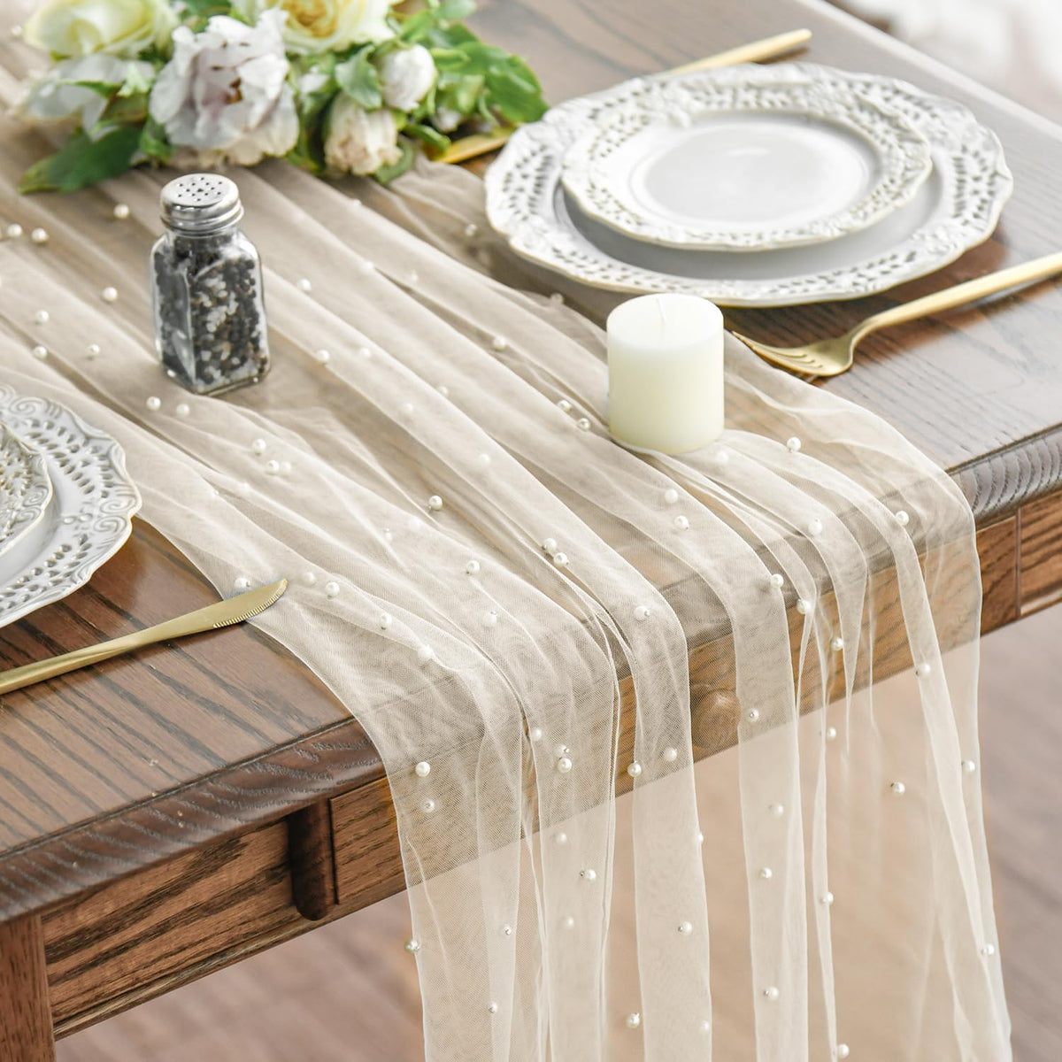 Artoid Mode 6-Pack Pearl Beige Gauze Table Runner 10FT Home Decor