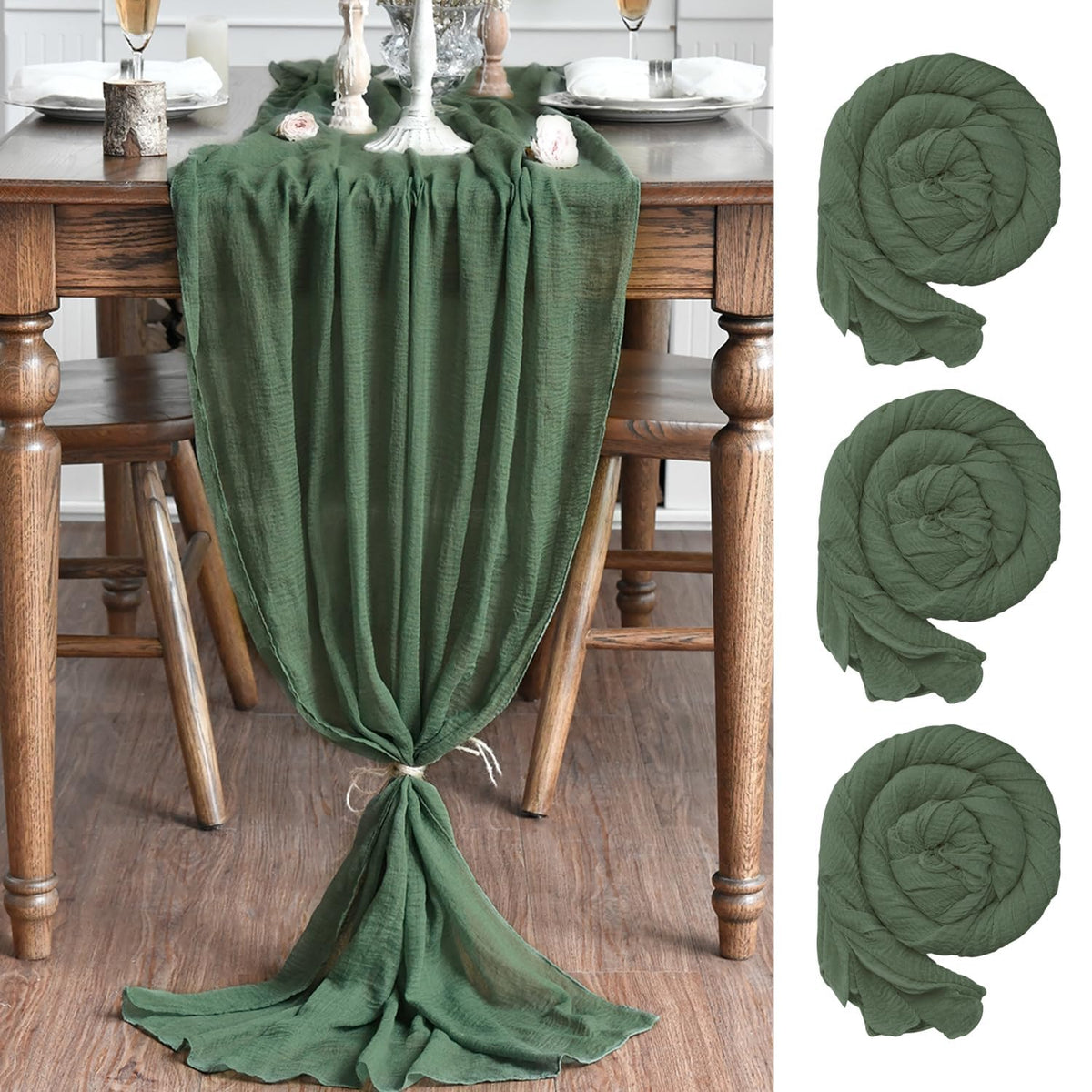 Artoid Mode Boho Forest Green 10Pcs Cheesecloth Gauze Table Runner, 120 Inch Seasonal Fabric Kitchen Dining Holiday Table Decor for Home Party Indoor