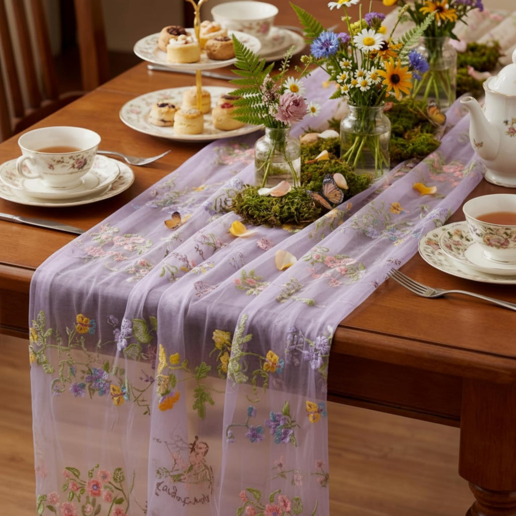 Ivory White Floral Table Runner 10ft Embroidery Tulle Wildflower