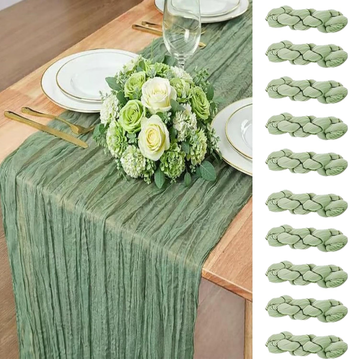 10 Pack Sage Green Cheesecloth Table Runner 22x120 Inch Boho Gauze Table Runners, Rustic Sheer Cheese Cloth Table Runners for Wedding, Baby Shower, Birthday Party, Home Decor