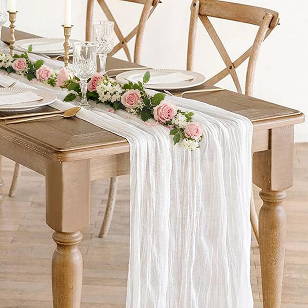 12 Pack Champagne Cheesecloth Table Runner 35x120 Inches, Summer Cheese Cloth Table Runner 10FT Boho Sheer Gauze Runner for Bridal Shower Wedding Baby Shower Party Decor