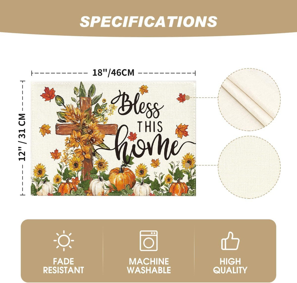 Artoid Mode Pumpkins Floral Fall Placemats Set of 4-12 x 18 Inch
