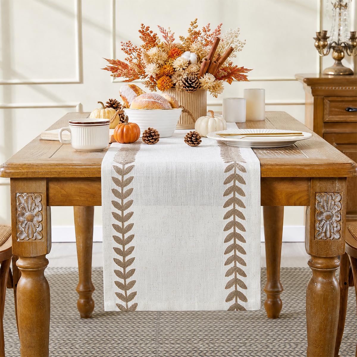 Wracra Embroidered Table Runner, White Table Runners 72 Inches Long