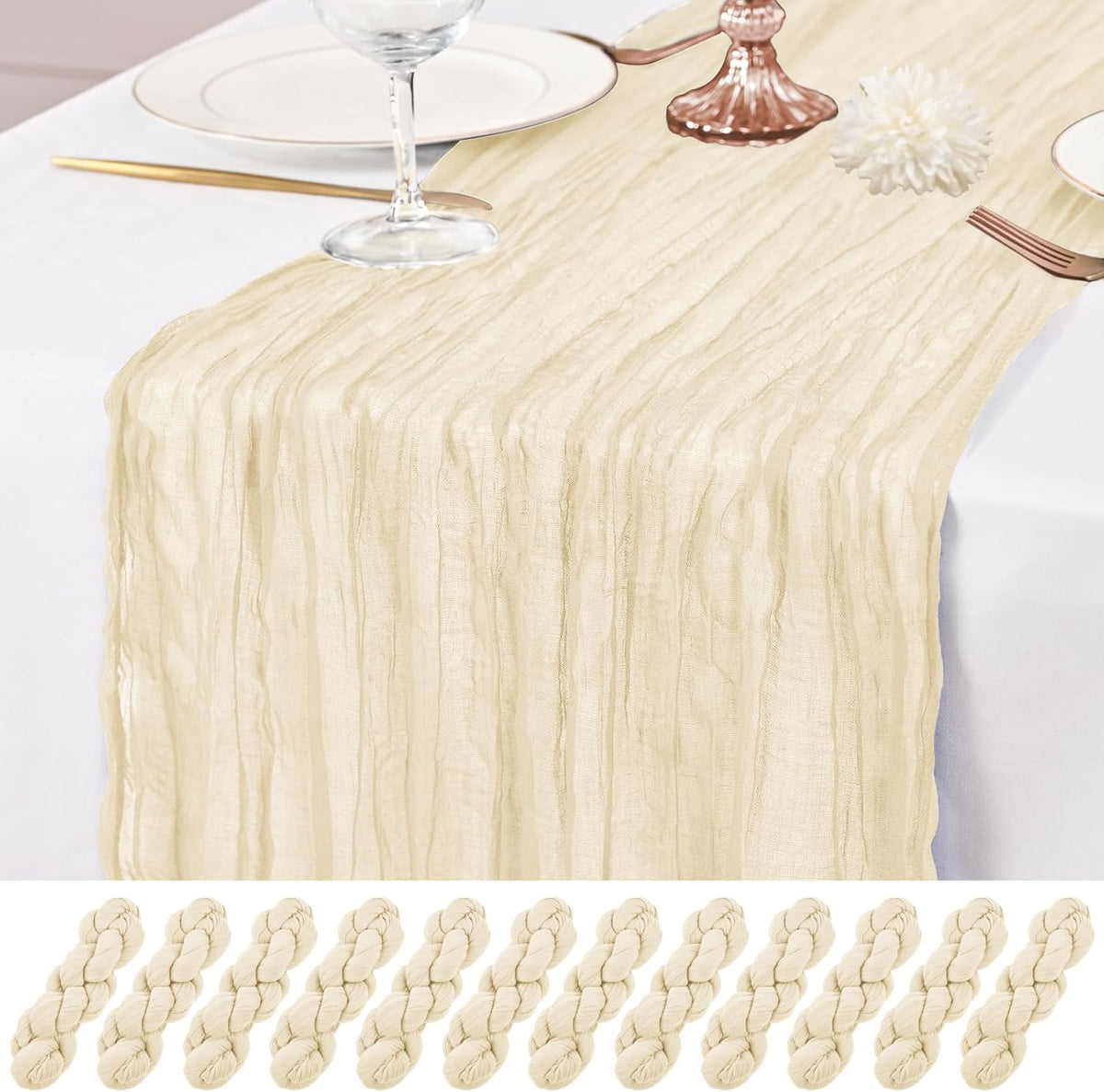 12 Pack Ivory Table Runner 10Ft Cheesecloth Table Runner Rustic Gauze Table Runners Romantic Long Cream Sheer Fabric Cheese Cloth Table Runners for Wedding Party Bridal Baby Shower