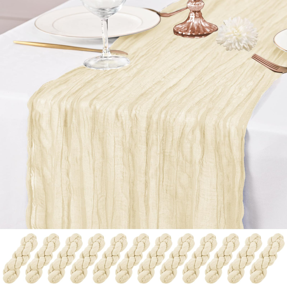 12 Pack Ivory Table Runner 10Ft Cheesecloth Table Runner Rustic Gauze Table Runners Romantic Long Cream Sheer Fabric Cheese Cloth Table Runners for Wedding Party Bridal Baby Shower