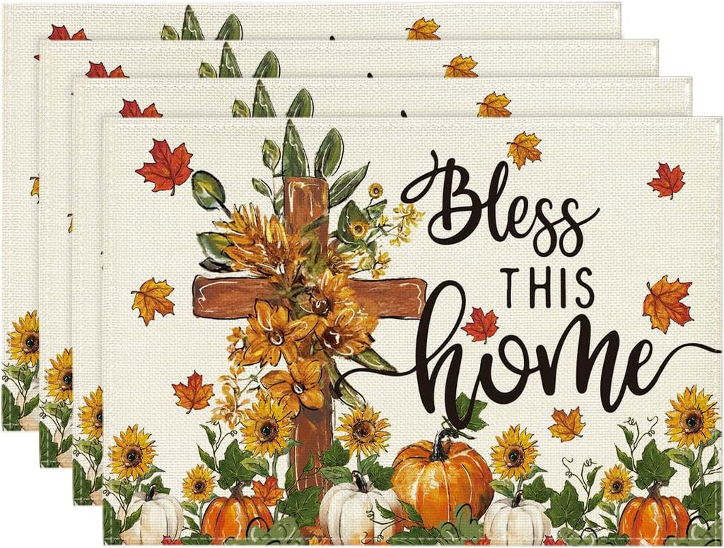 Artoid Mode Pumpkins Floral Fall Placemats Set of 4-12 x 18 Inch