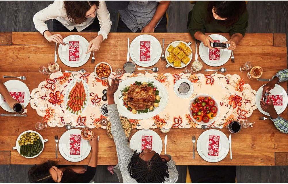 Embroidered Fall Table Runner 15x67In, Maple Leaf Thanksgiving Table Runner
