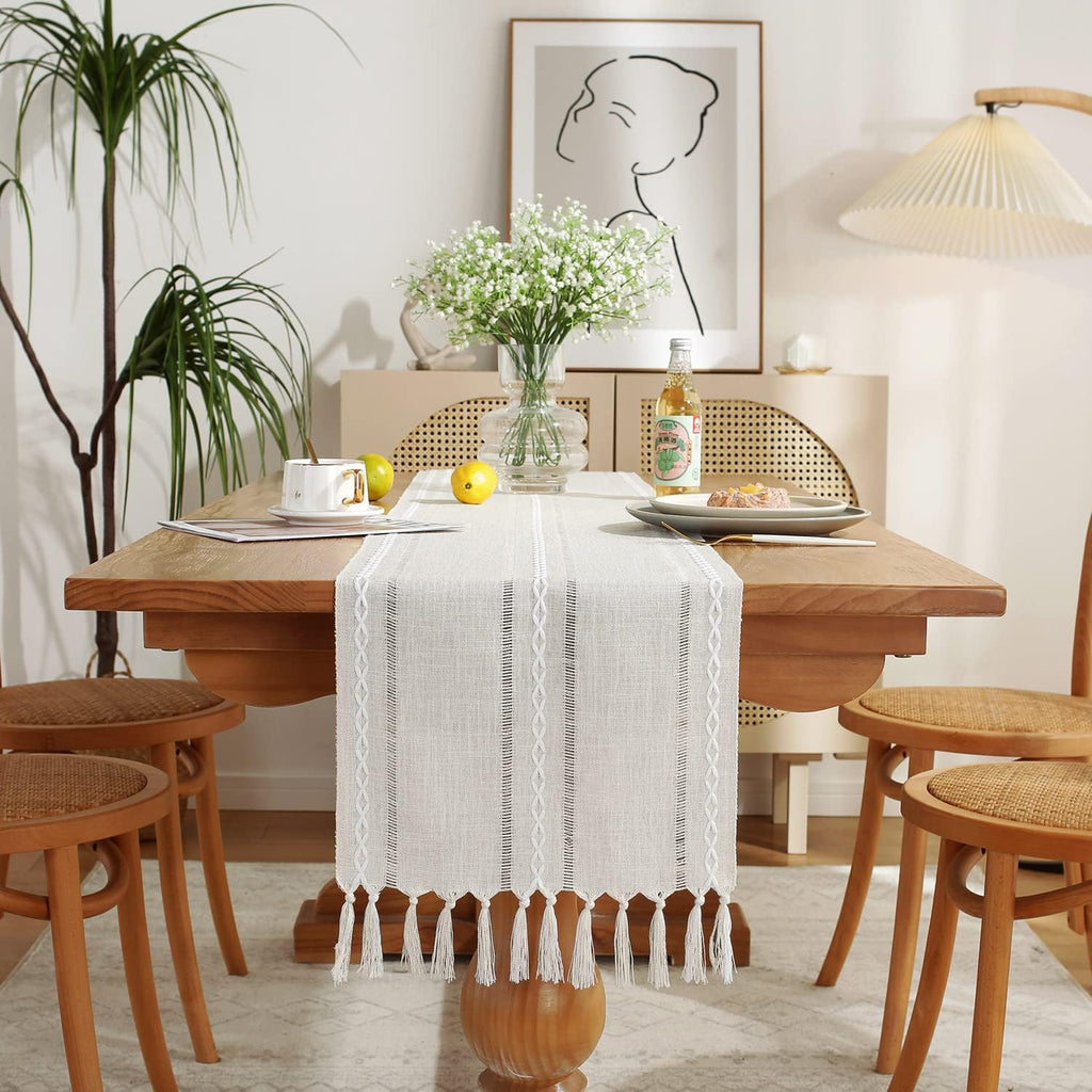 Wracra Rustic Linen Table Runner, White Table Runners 72 inches Long