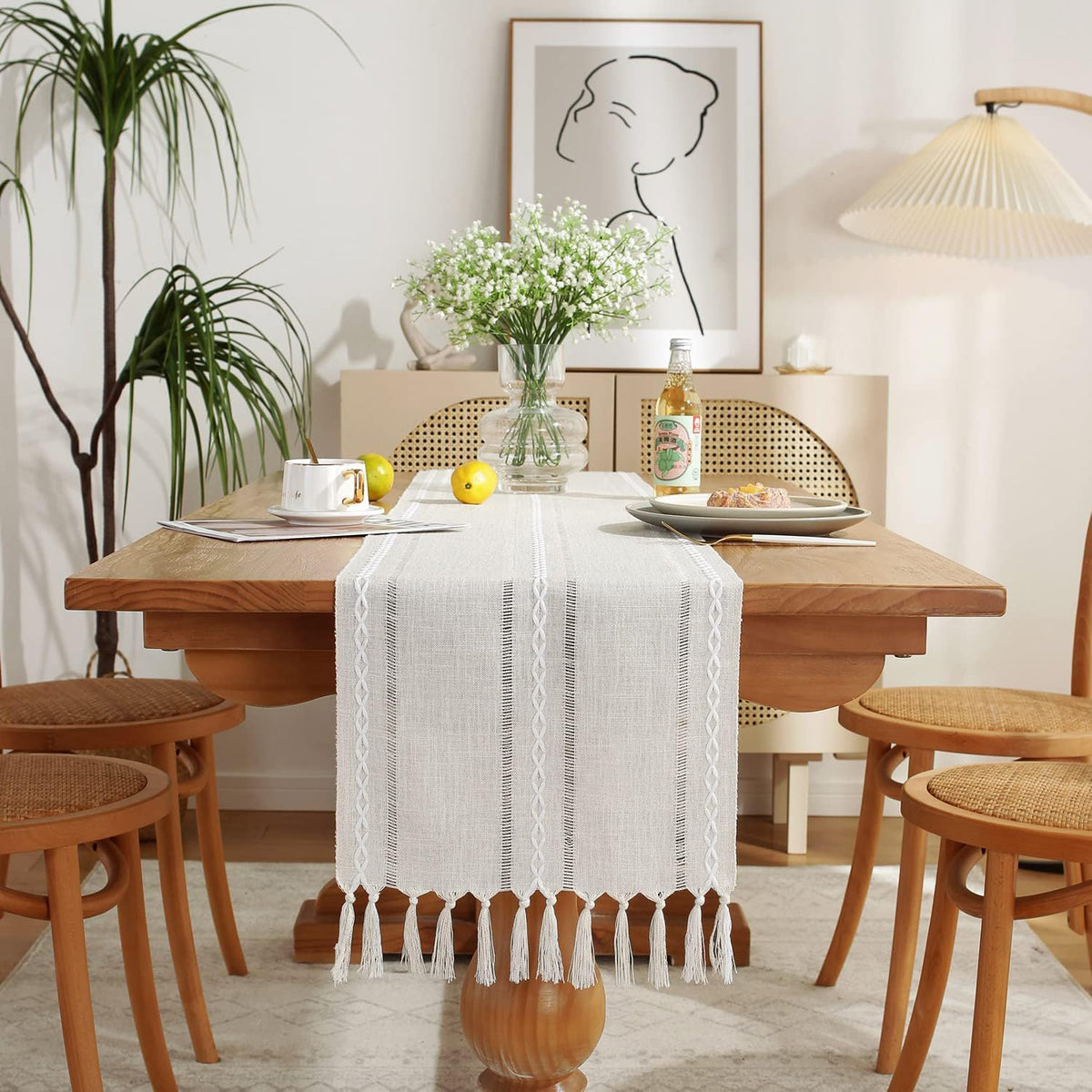 Wracra Rustic Linen Table Runner, White Table Runners 72 inches Long