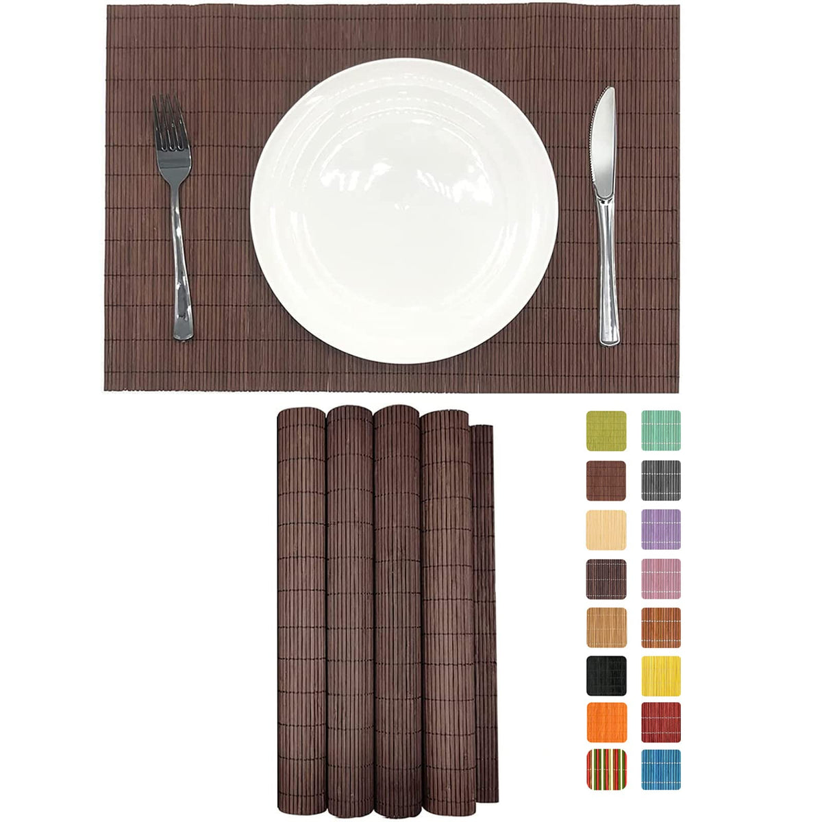 Set of 8 Pcs Bamboo Placemats Sushi Rolling Mat Japanese Style Natural Anti-Slip, Washable Heat-Resistant Table Mats for Dining Room and Kitchen（Brown）