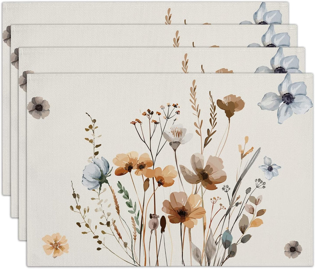 Boho Floral Placemats Set of 4, 12x18 Inch Waterproof Washable Heat Resistant Place Mats, Table Placemats for Dining Restaurant Farmhouse Decoration, Indoor Outdoor Table Decor -rc03