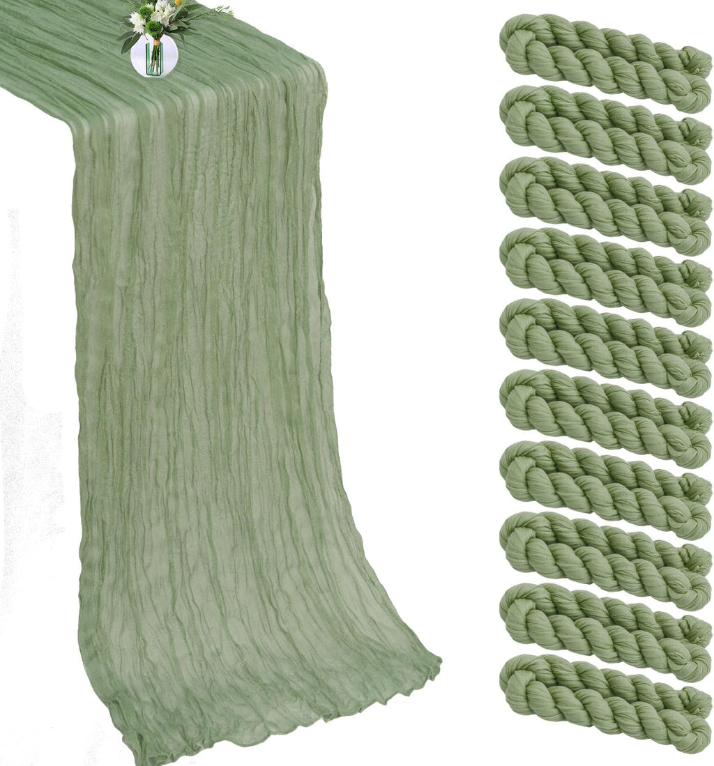 10 Pack New Sage Green Cheesecloth Table Runner -21*120Inch Long Boho Wedding Table Decor, Rustic Gauze Fabric Runner for Bridal Showers, Baby Showers & Parties (Sheer, Lightweight, Wrinkled Design)