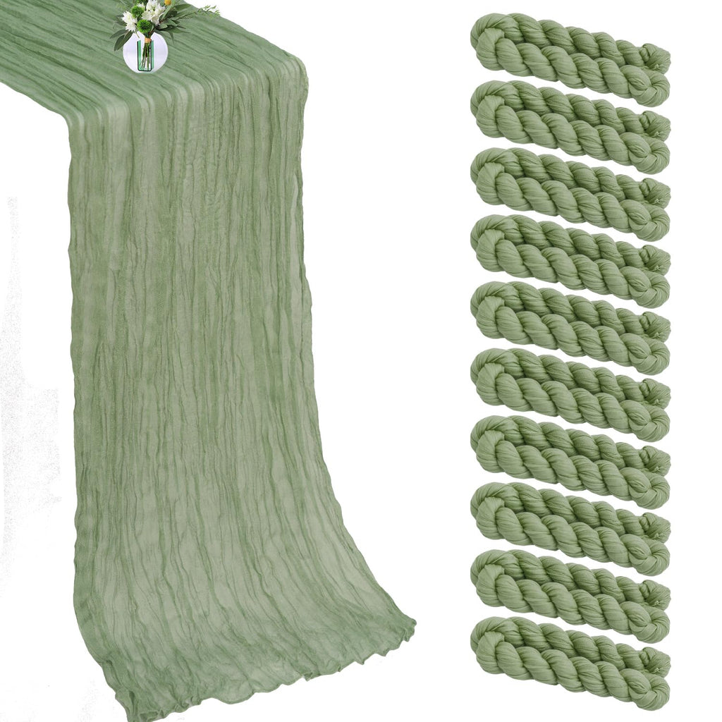 10 Pack New Sage Green Cheesecloth Table Runner -21*120Inch Long Boho Wedding Table Decor, Rustic Gauze Fabric Runner for Bridal Showers, Baby Showers & Parties (Sheer, Lightweight, Wrinkled Design)