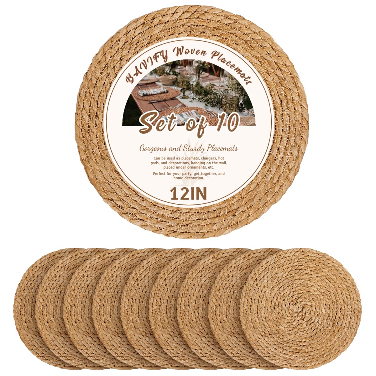 BAVIFY 13" Round Woven Placemats Set of 10, Plate Chargers for Dining Table