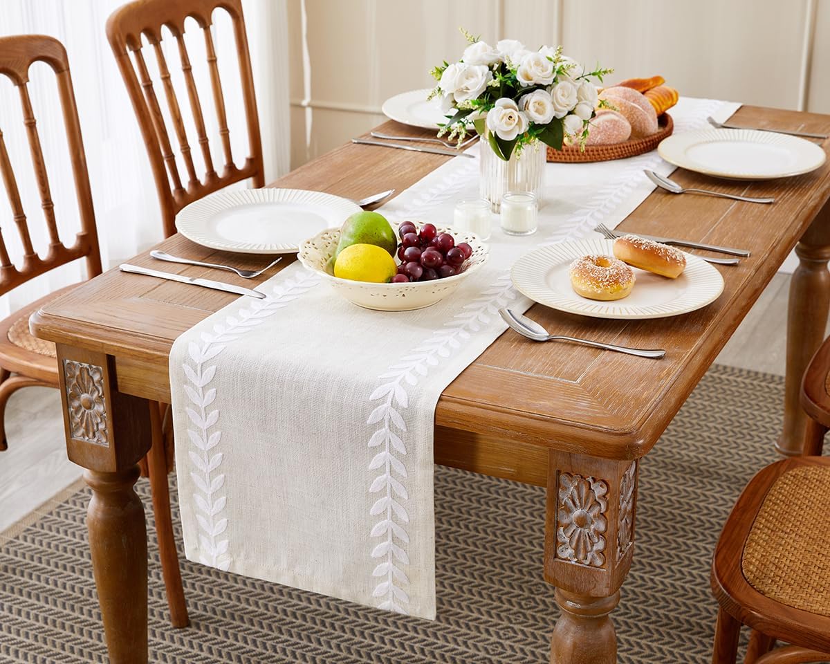 Wracra Embroidered Table Runner, White Table Runners 72 Inches Long