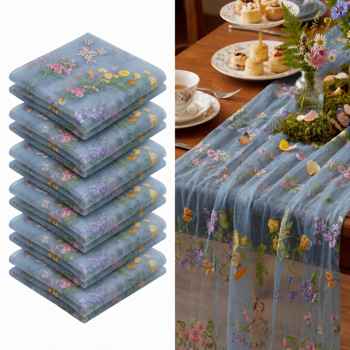 Ivory White Floral Table Runner 10ft Embroidery Tulle Wildflower