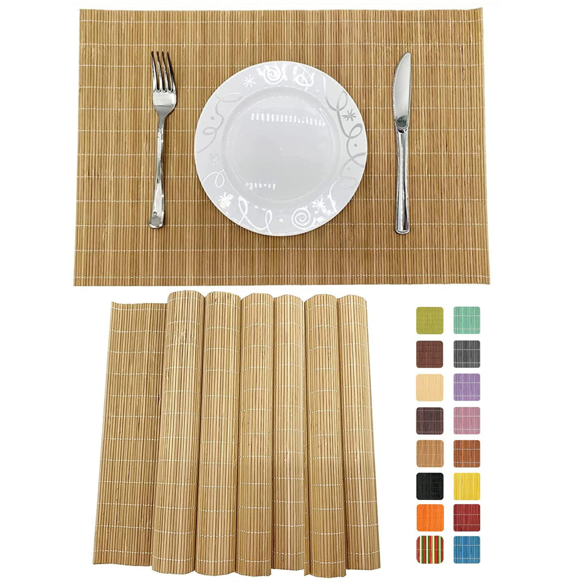 Set of 8 Pcs Bamboo Placemats Sushi Rolling Mat Japanese Style Natural Anti-Slip, Washable Heat-Resistant Table Mats for Dining Room and Kitchen（Brown）