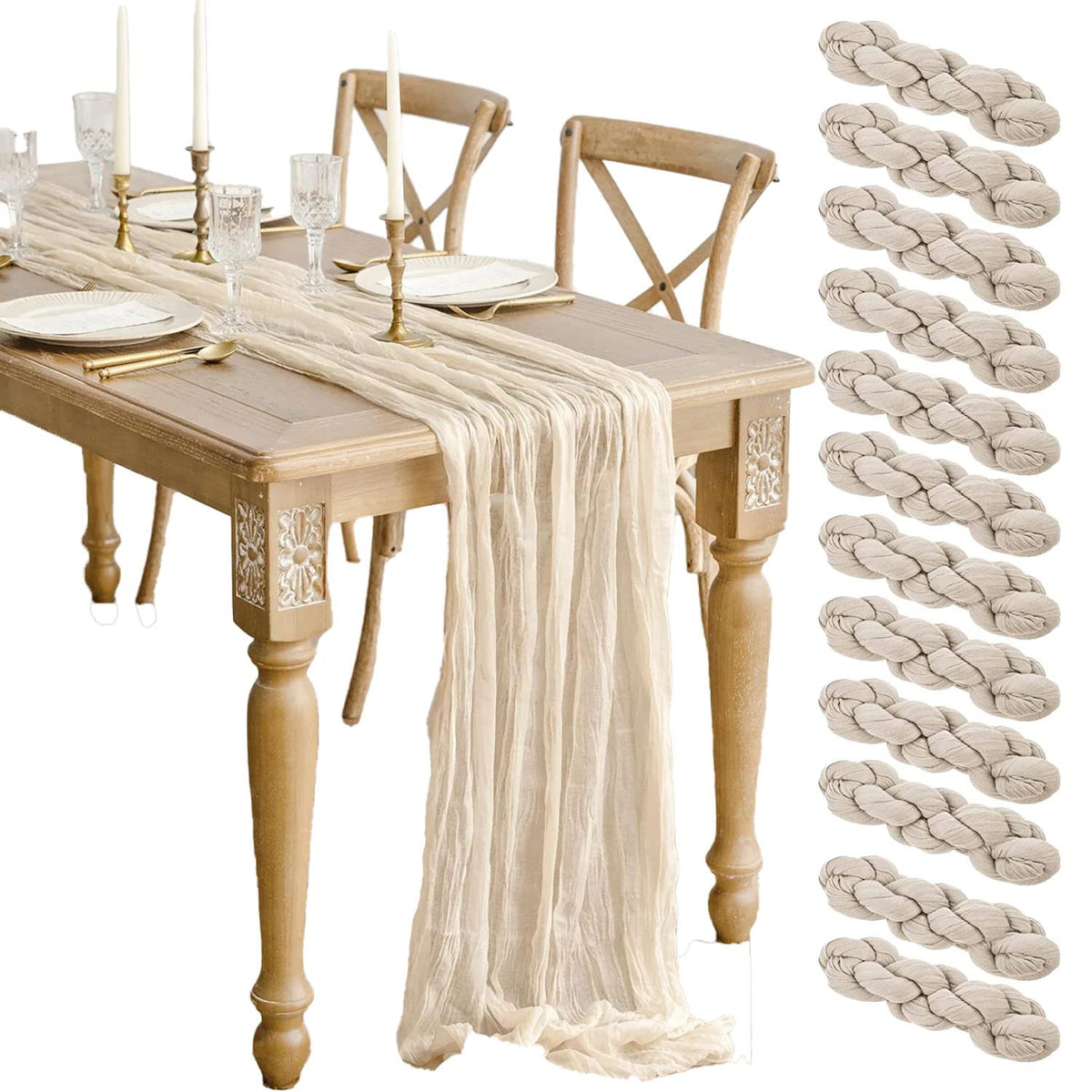 12 Pcs Beige Cheesecloth Table Runner 13ft Boho Gauze Cheesecloth Table Runner 160 inch Long for Christmas Wedding Bridal Baby Shower Birthday Table Decorations
