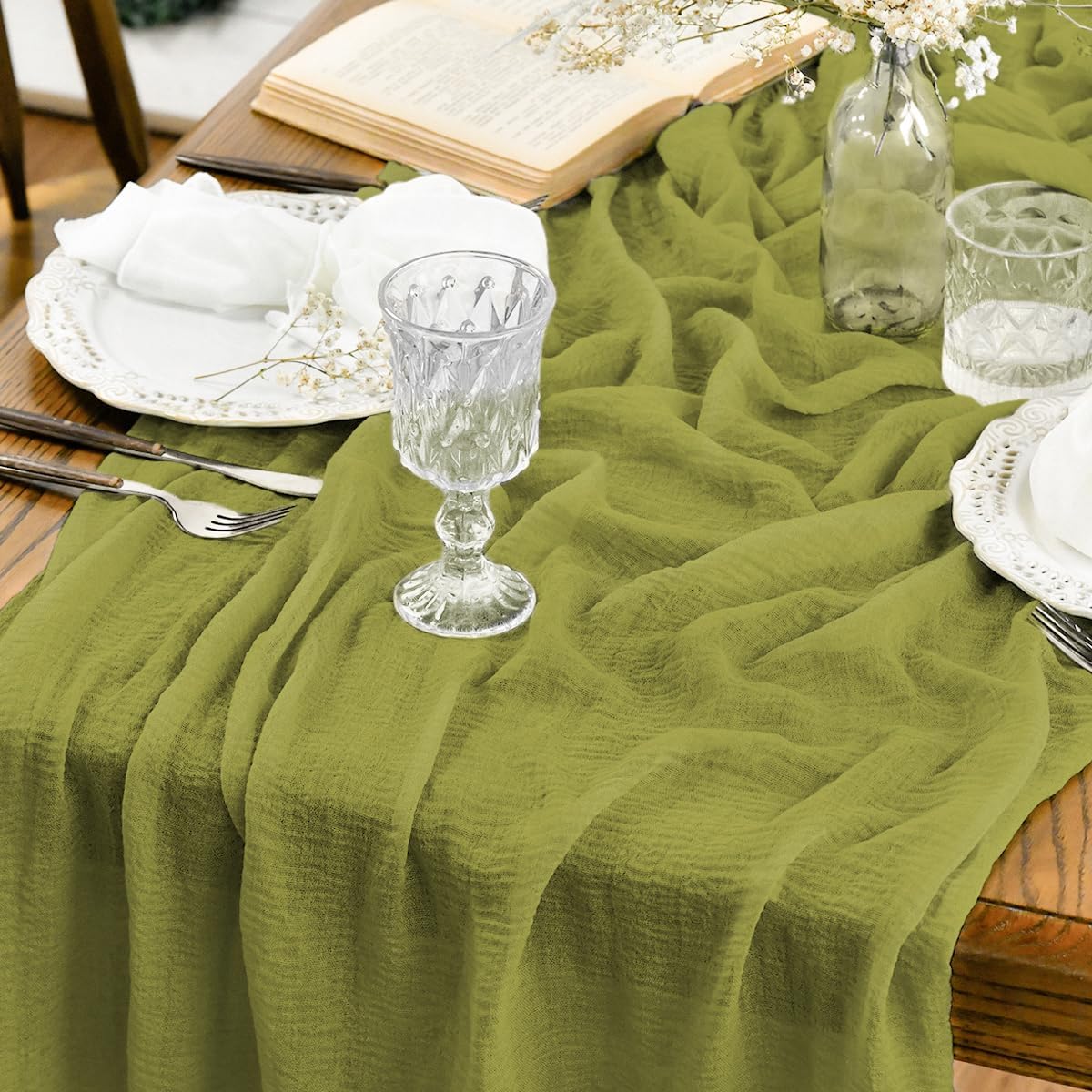 Artoid Mode Boho Forest Green 10Pcs Cheesecloth Gauze Table Runner, 120 Inch Seasonal Fabric Kitchen Dining Holiday Table Decor for Home Party Indoor