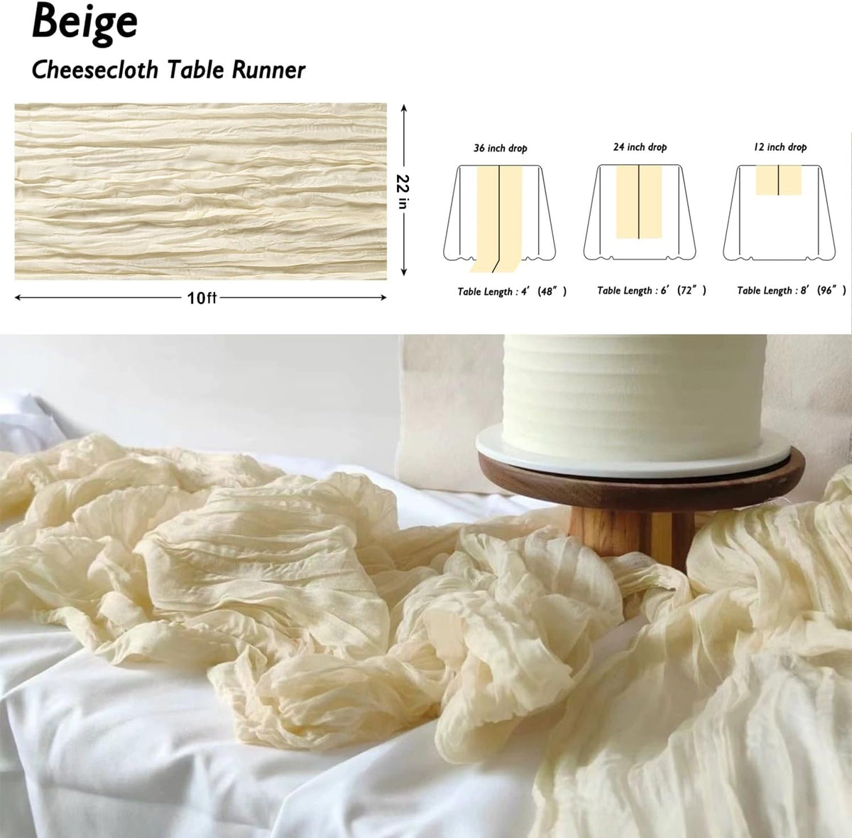 Beige Cheesecloth Table Runner, 22" x 10Ft Sheer Gauze Cream Table Runner, Rustic Boho Wrinkled Table Runner for Wedding Baby Shower Party Home Decor, 1 Pack