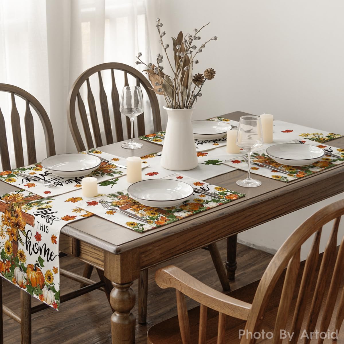 Artoid Mode Pumpkins Floral Fall Placemats Set of 4-12 x 18 Inch
