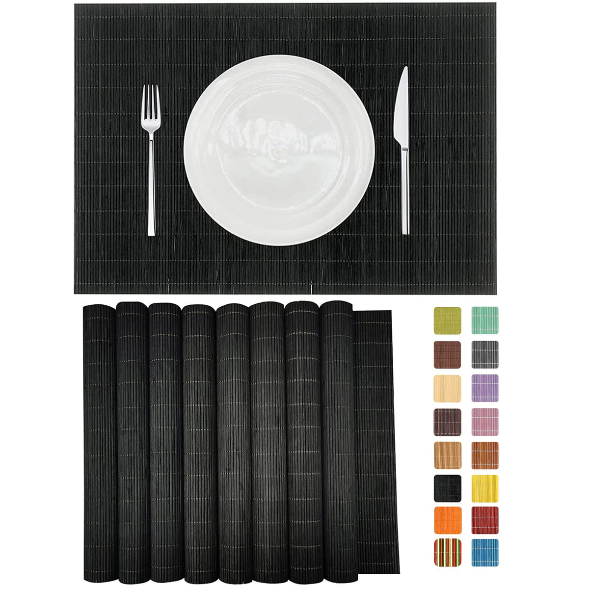 Set of 8 Pcs Bamboo Placemats Sushi Rolling Mat Japanese Style Natural Anti-Slip, Washable Heat-Resistant Table Mats for Dining Room and Kitchen（Brown）