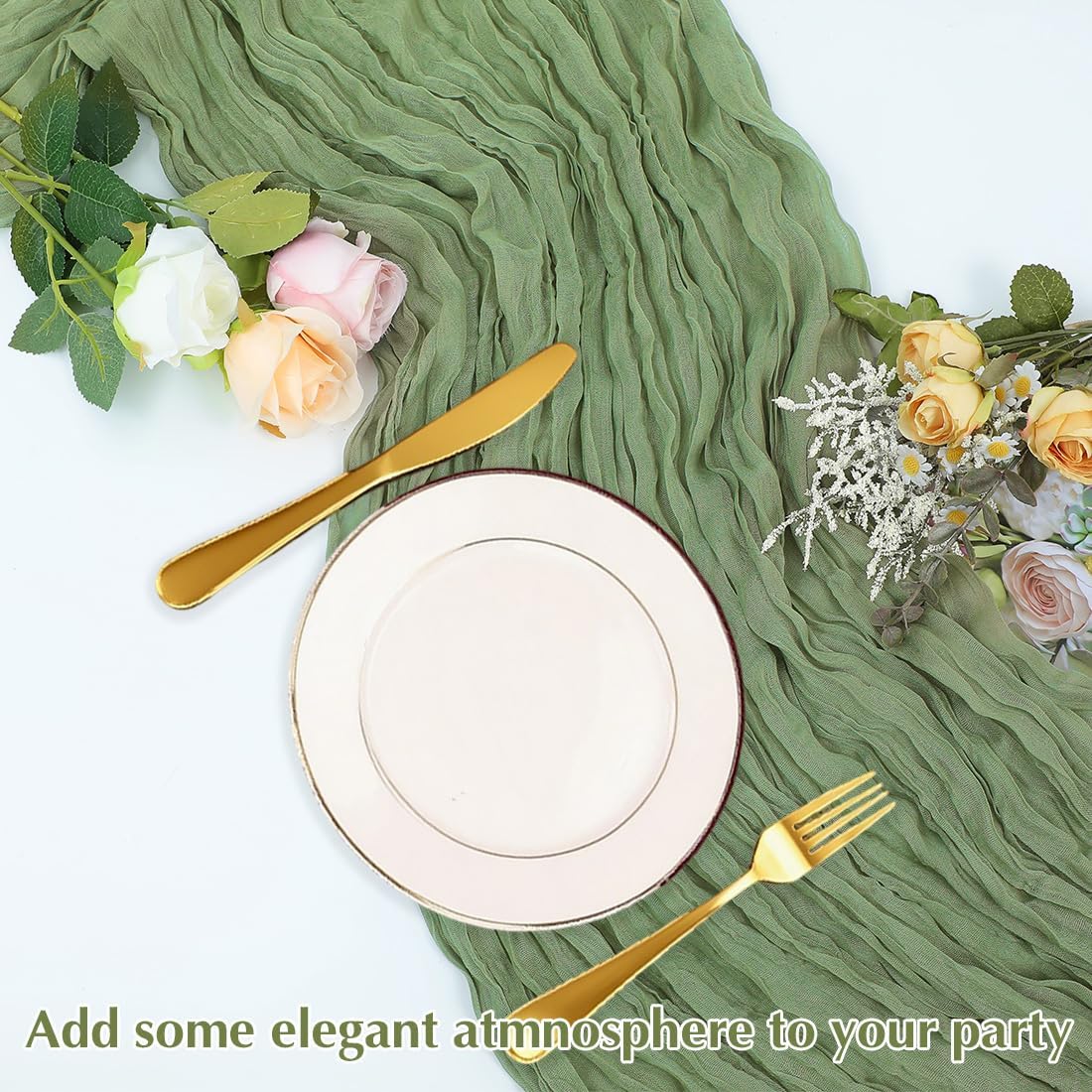 10 Pack New Sage Green Cheesecloth Table Runner -21*120Inch Long Boho Wedding Table Decor, Rustic Gauze Fabric Runner for Bridal Showers, Baby Showers & Parties (Sheer, Lightweight, Wrinkled Design)