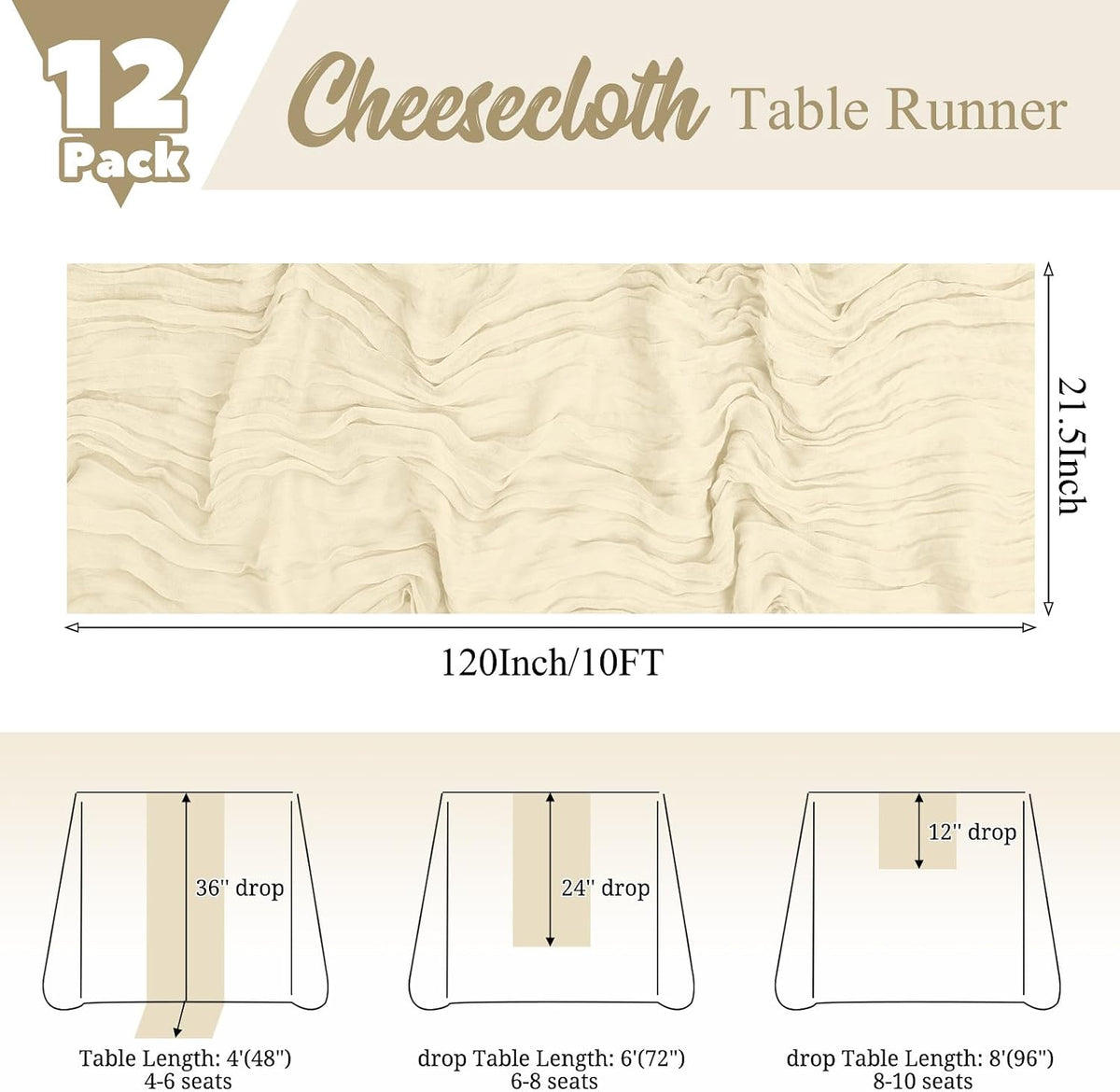 12 Pack Ivory Table Runner 10Ft Cheesecloth Table Runner Rustic Gauze Table Runners Romantic Long Cream Sheer Fabric Cheese Cloth Table Runners for Wedding Party Bridal Baby Shower