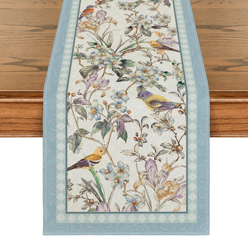 Artoid Mode Blue Birds Flowers Blossom Table Runner, Seasonal Spring Floral Kitchen Dining Table Decoration for Home Party Decor 13x72 Inch