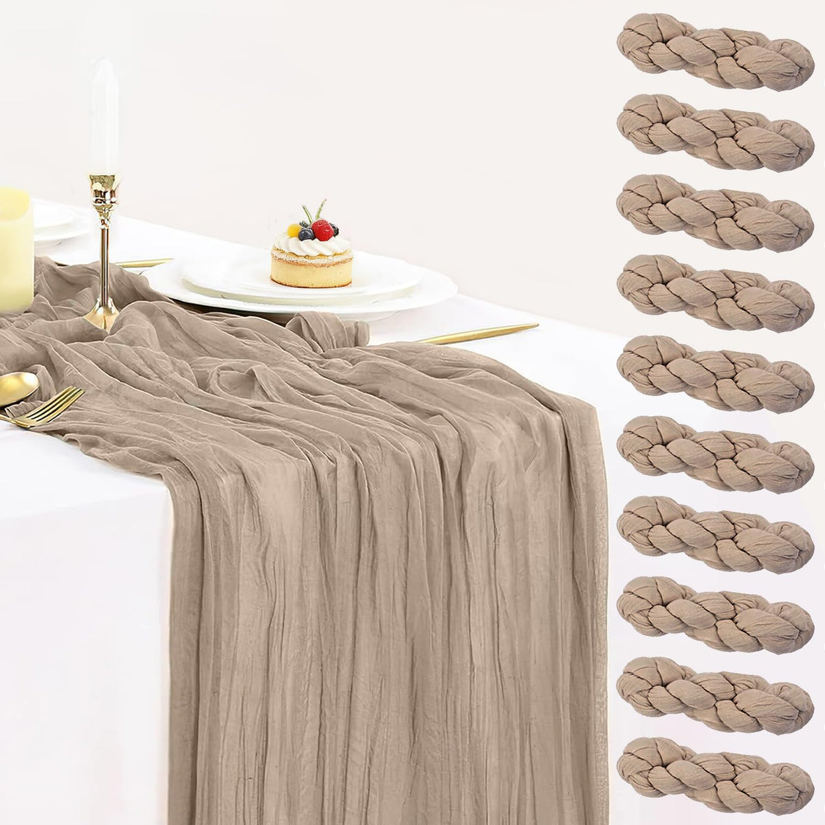12 Pack Champagne Cheesecloth Table Runner 35x120 Inches, Summer Cheese Cloth Table Runner 10FT Boho Sheer Gauze Runner for Bridal Shower Wedding Baby Shower Party Decor