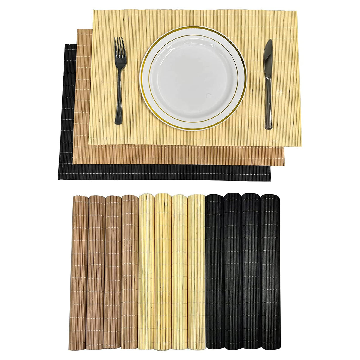 Set of 8 Pcs Bamboo Placemats Sushi Rolling Mat Japanese Style Natural Anti-Slip, Washable Heat-Resistant Table Mats for Dining Room and Kitchen（Brown）