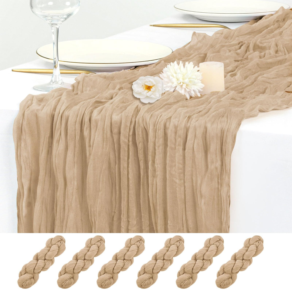 12 Pack Beige Cheesecloth Table Runner 17x108 Inch Boho Gauze Cheese Cloth Table Runners Rustic Sheer Runner for Wedding Party Baby Shower Birthday Home Decor