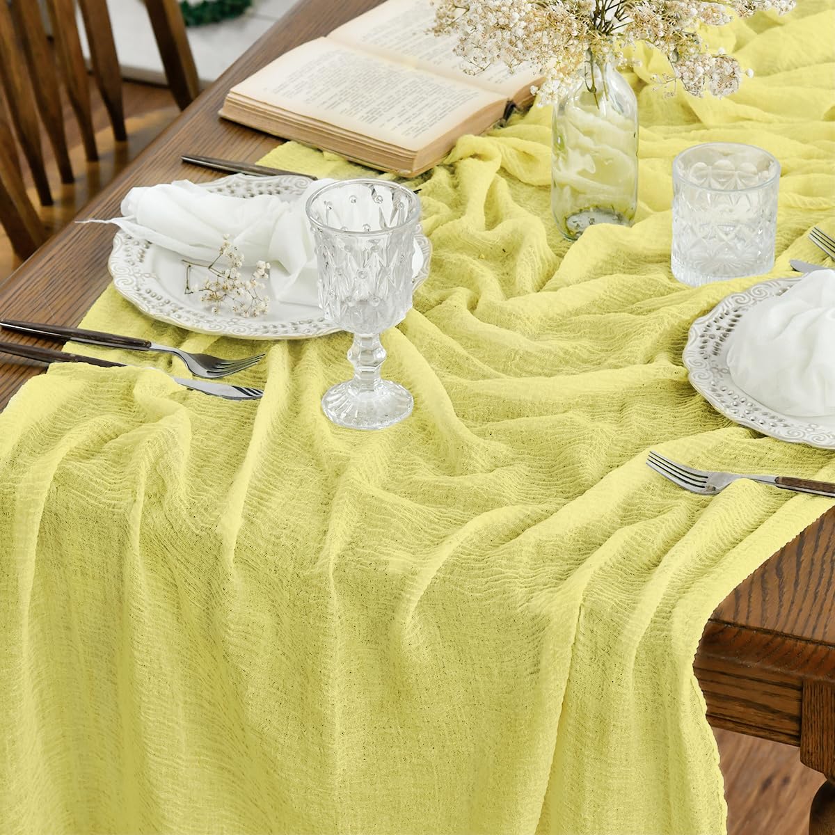Artoid Mode Boho Forest Green 10Pcs Cheesecloth Gauze Table Runner, 120 Inch Seasonal Fabric Kitchen Dining Holiday Table Decor for Home Party Indoor