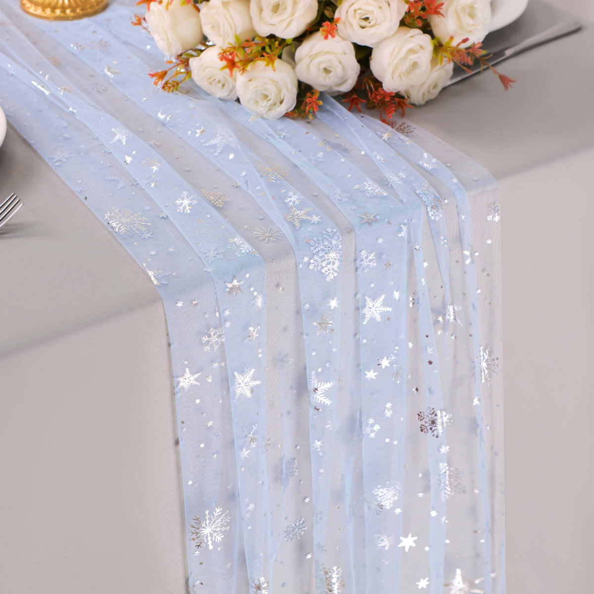 Snowkingdom 6Pcs 10 Ft Gold Table Runners, Sheer Chiffon Tulle Cheesecloth Golden Sequin Glitter Metallic Foil, Gold Party Table Decoration Centerpiece for Wedding Birthday Anniversary Christmas