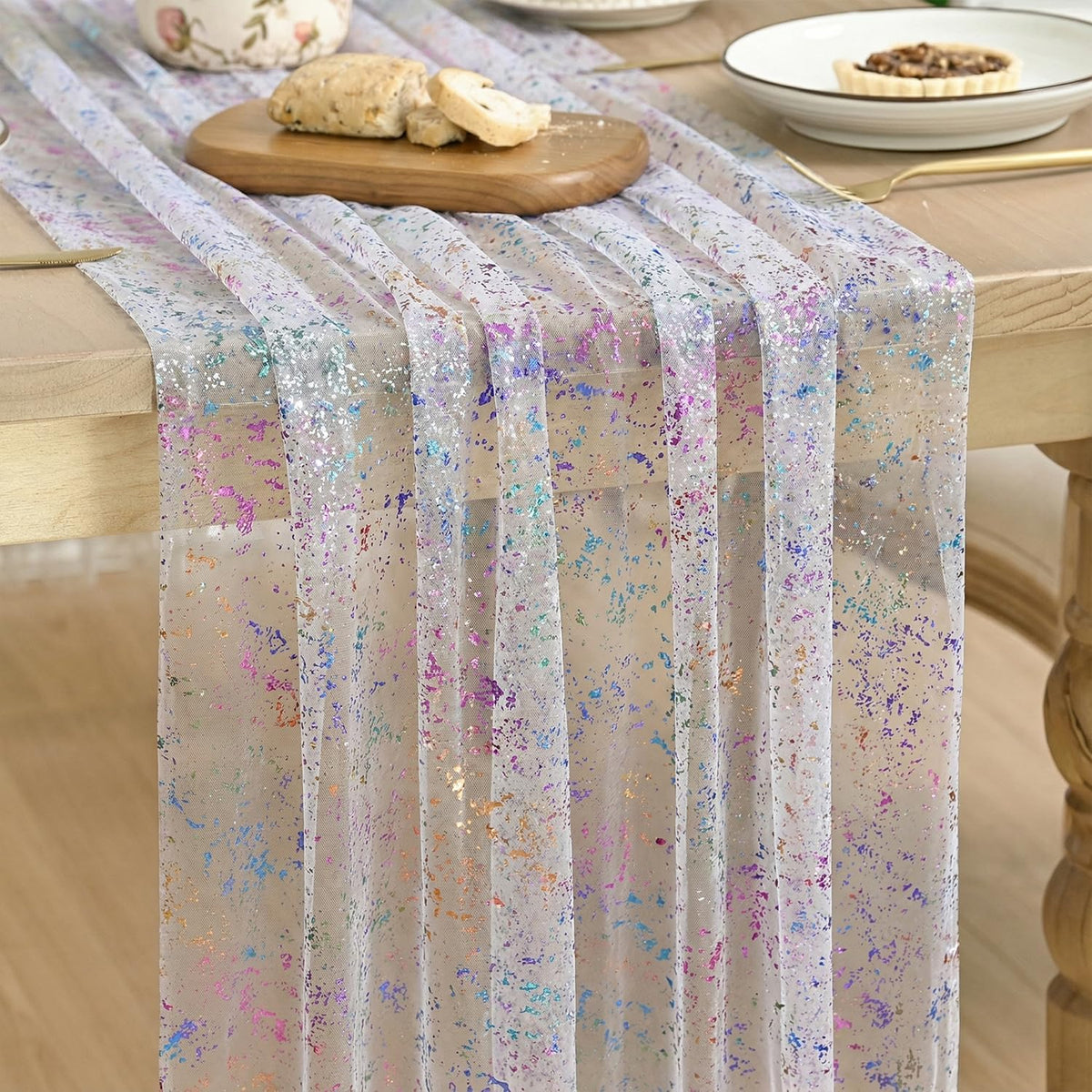 Artoid Mode 6Pcs Beige Gold Gauze Table Runner 120 Inch 10FT, Glitter Metallic Foil Sheer Dining Wedding Anniversary Holiday Birthday Table Decor for Home Party