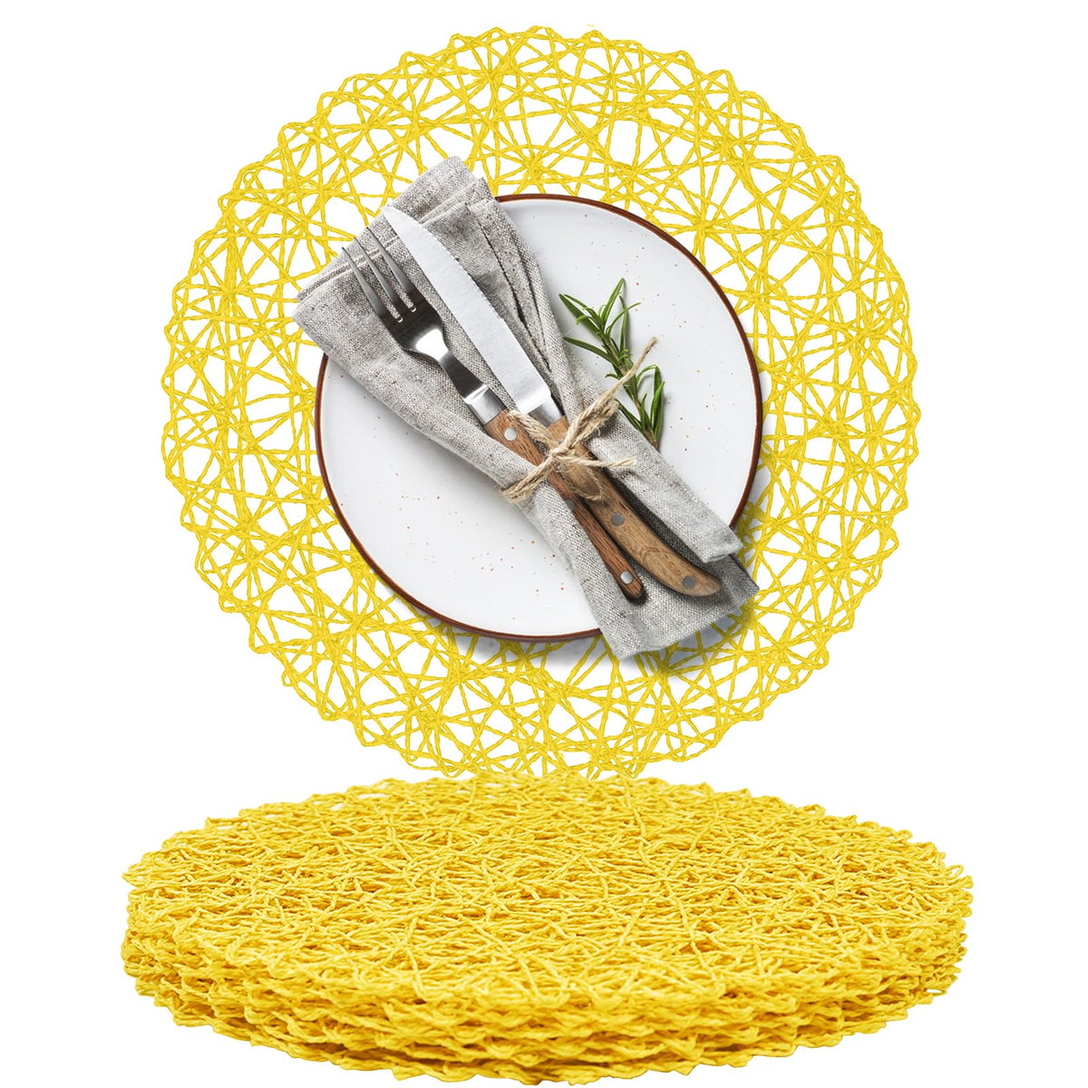 AHHFSMEI Paper Braided Round Placemats Set of 12 Natural Non-Slip Heat Resistant Table Mats for Dining Tables Woven Indoor & Outdoor Place mats(Brown,12)
