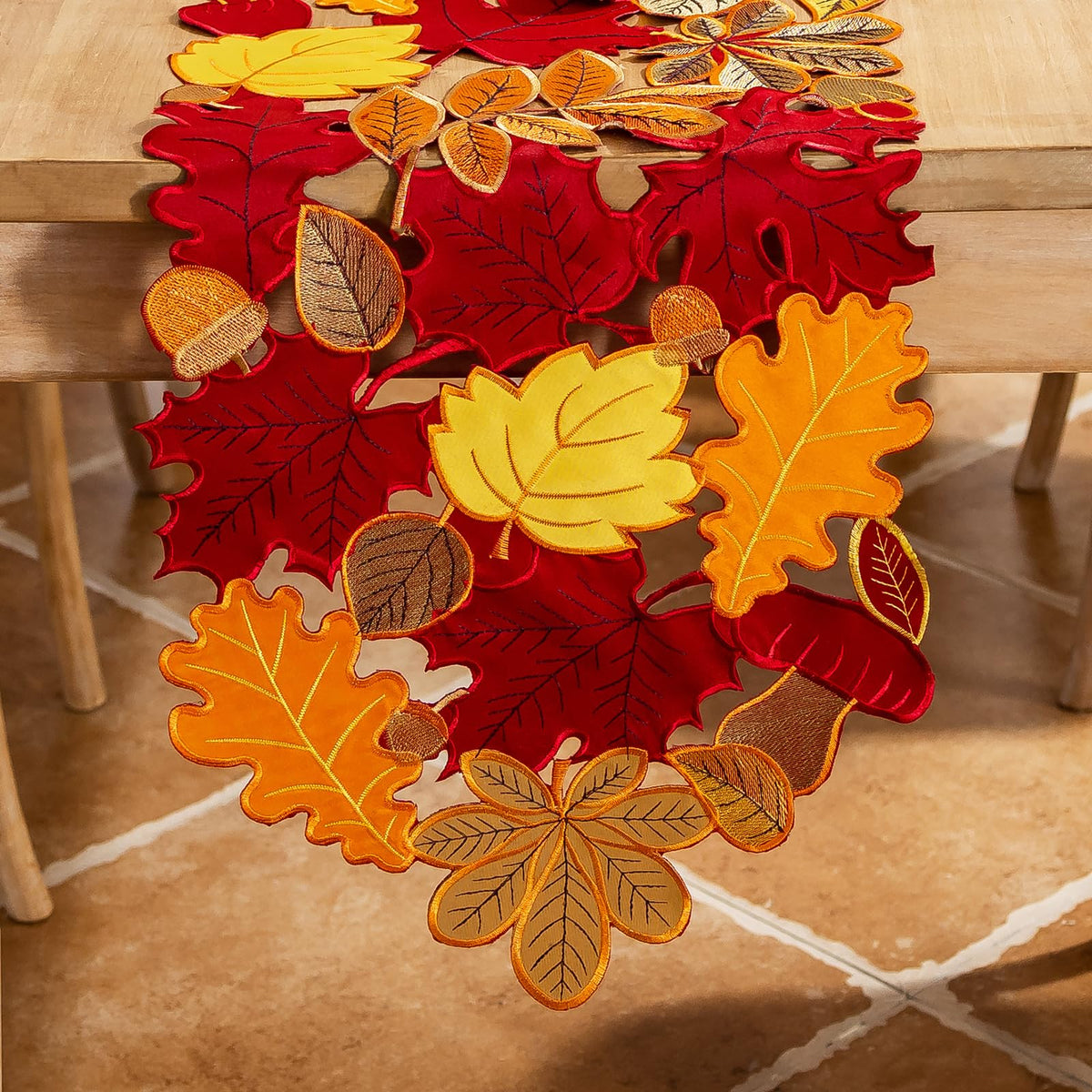 Joyfol Day Fall Thanksgiving Table Runner 14 x 33 Inches, Cutwork Embroidered Brown Maple Leaves Table Runners, Autumn Rust Dresser Scarf for Harvest Party Dinner Seasonal Decoration