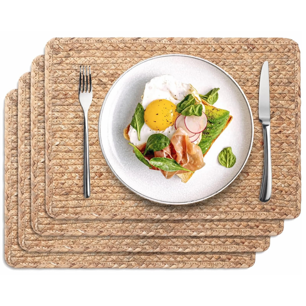 Woven Placemats Set of 6, 17" x 12" Rattan Table Mats, Natural Water Hyacinth Chargers for Dinner Plates, Wicker Placemats for Dining Table, Home, Wedding
