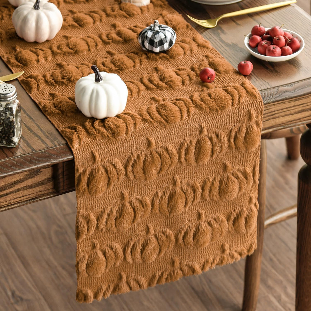 Artoid Mode Caramel Soft Faux Fur Pumpkins Fall Table Runner 13x90 Inch