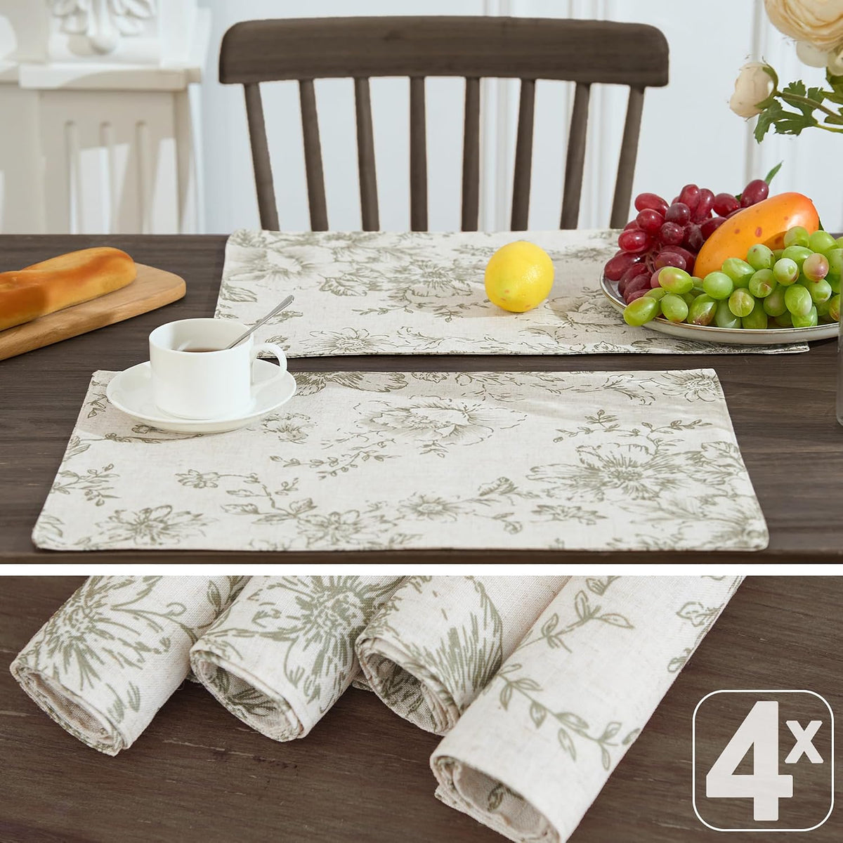 JINCHAN Alice Linen Floral Placemats Set of 4 Farmhouse 13x19 Inch Green