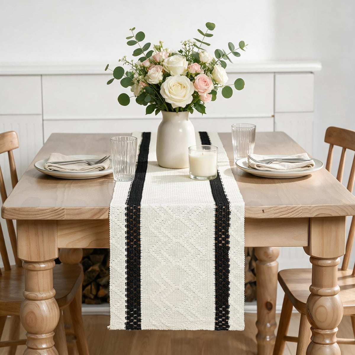 Artoid Mode Black Stripe Woven Rustic Table Runner 12x72 Inch