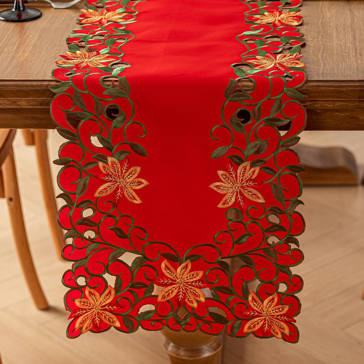 Joyfol Day Fall Thanksgiving Table Runner 14 x 33 Inches, Cutwork Embroidered Brown Maple Leaves Table Runners, Autumn Rust Dresser Scarf for Harvest Party Dinner Seasonal Decoration
