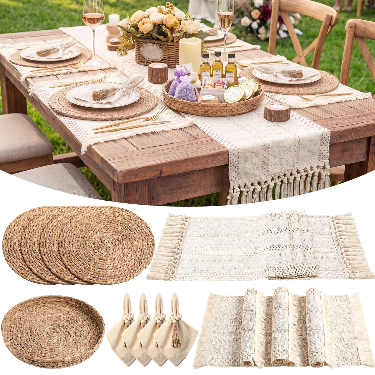 6 Sets Dining Table Decoration Boho Placemat, Khaki, 12x72