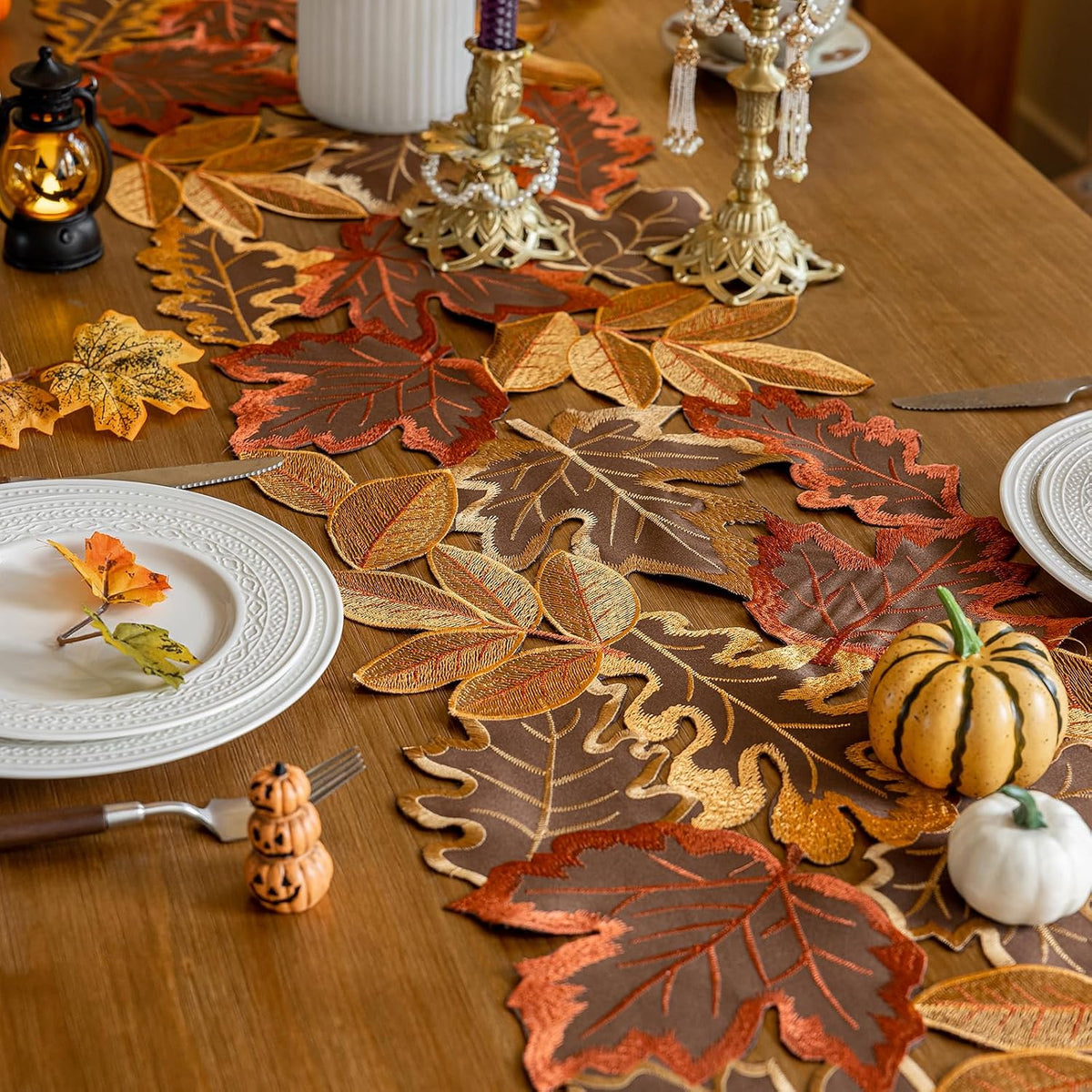 Joyfol Day Fall Thanksgiving Table Runner 14 x 33 Inches, Cutwork Embroidered Brown Maple Leaves Table Runners, Autumn Rust Dresser Scarf for Harvest Party Dinner Seasonal Decoration