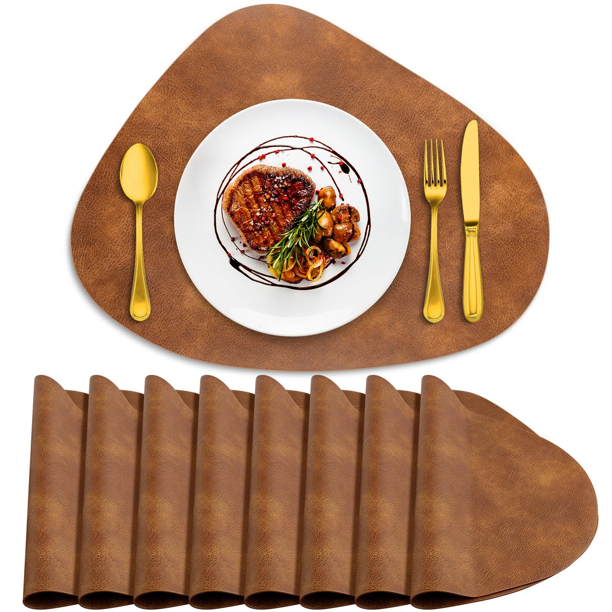 ADRIMER Placemats, Heat Resistant Round Placemats Set of 4 Washable 13 x 17 Inch, Waterproof Table Mats for Kitchen, Dining Room Table Christmas Decor, Turmeric Brown+Camel+Green+Blue