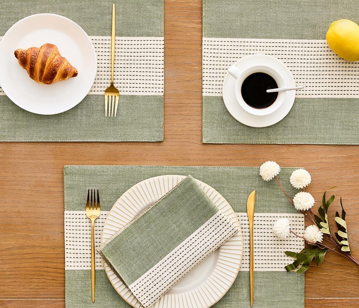 Wracra Linen Placemats, 12 x 18 Inch Set of 4 Placemats, Farmhouse Macrame Place Mats for Kitchen Table and Heat Resistant-Hemstitch Sage Green 4PCS