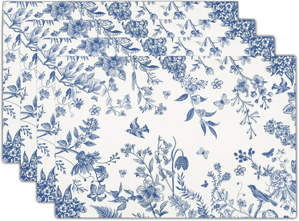 Kawani Blue White Floral Placemats Set of 4 Spring Summer Flower Branches Place Mats 12x18 Inch Chinoiserie Table Mats for Home Kitchen Party Decor