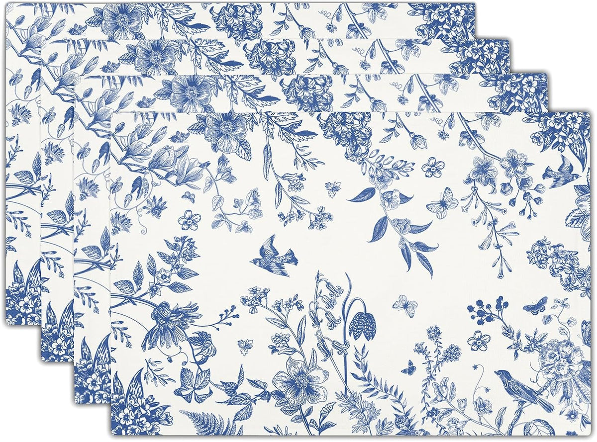Kawani Blue White Floral Placemats Set of 4 Spring Summer Flower Branches Place Mats 12x18 Inch Chinoiserie Table Mats for Home Kitchen Party Decor