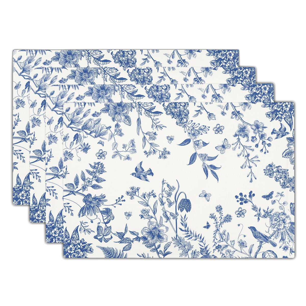 Kawani Blue White Floral Placemats Set of 4 Spring Summer Flower Branches Place Mats 12x18 Inch Chinoiserie Table Mats for Home Kitchen Party Decor